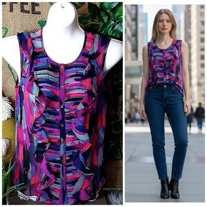 Alfani Womens Top Size 6 Sleeveless Ruffle Button Down Pink Purple Office Sheer